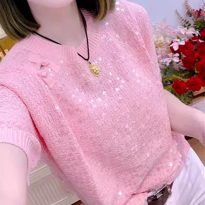 欧洲站独特别致冰丝针织短袖女2025夏季新款时尚气质薄款t恤上衣