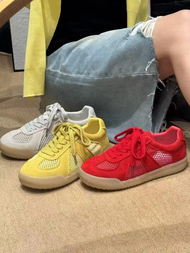 磨砂真皮2025夏季新款圆头系带平底透网面休闲鞋百搭女鞋时尚潮流