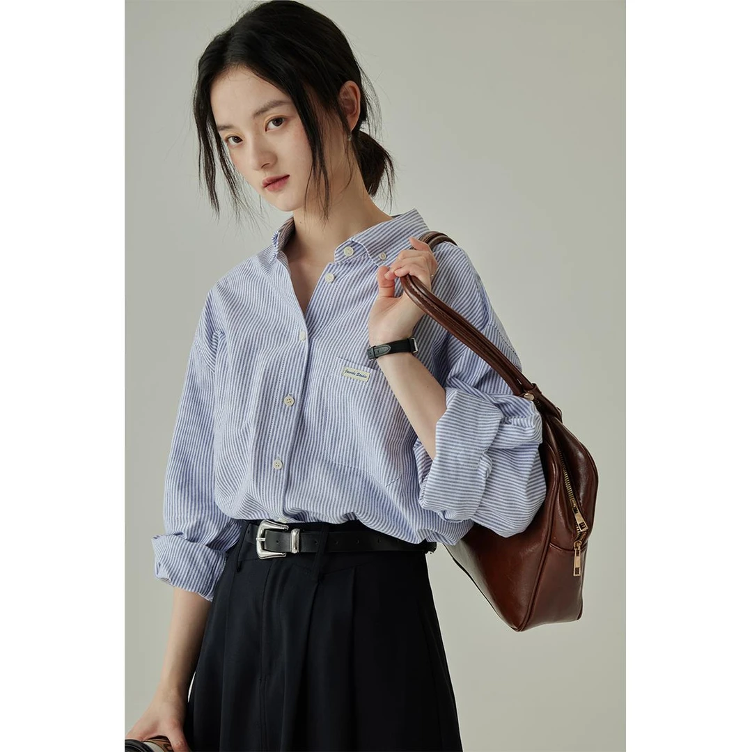 韩系宽松百搭简约休闲条纹衬衫女秋季减龄复古百搭通勤衬衣抗缩水