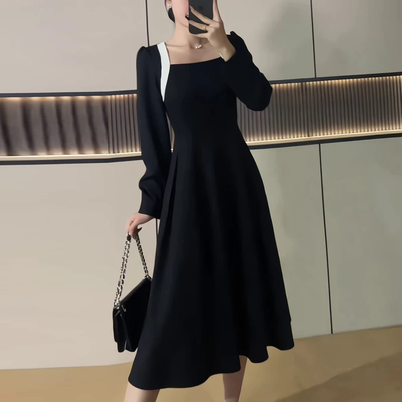秋季新款白边拼接法式长裙大码女装方领修身小众长袖复古连衣裙