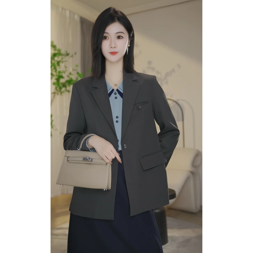 【小北甄选】曼贝8553380深灰色西装女长袖百搭时尚职业通勤外套