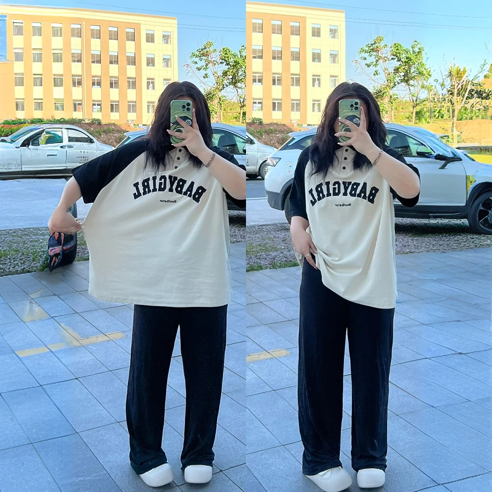 300斤大码微胖mm撞色字母印花短袖T恤女夏季女装POLO衫宽松上衣潮