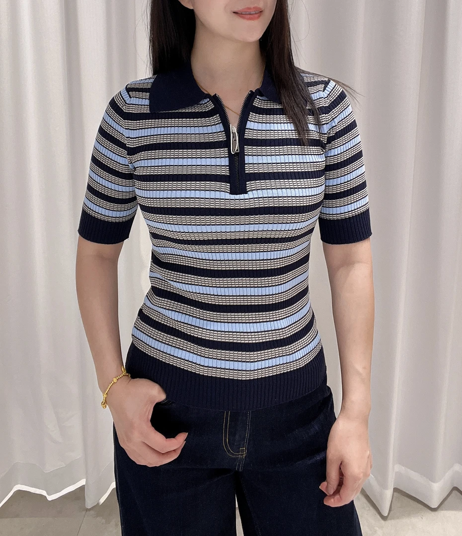 2025年时尚显瘦竖条横条polo领针织衫