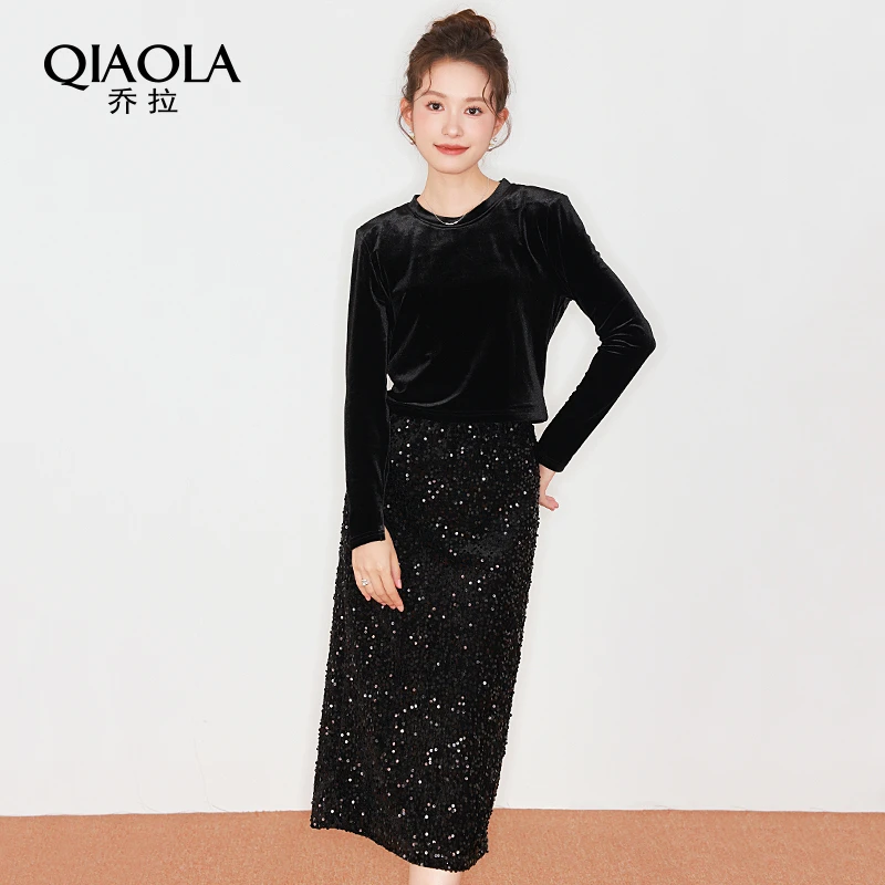 QIAOLA/乔拉【万人迷】秋冬款丝绒亮片圆领轻奢减龄时尚套装