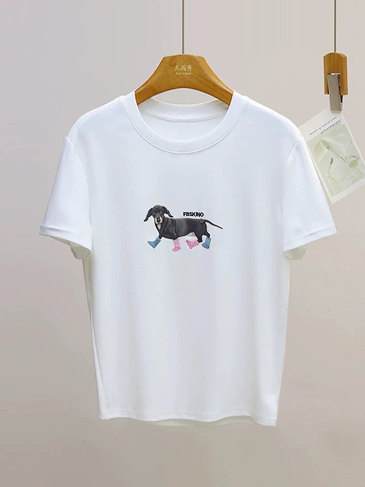 常规款白色刺绣T恤雪花棉t恤小个子圆领ins印花打底衫运动半袖