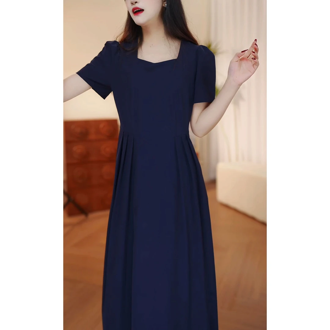 高级感小个子纯色韩版气质连衣裙夏季套头短袖收腰遮肉显白中长裙