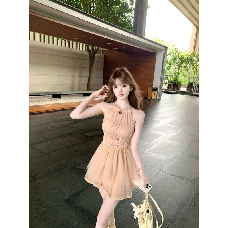 围巾领蝴蝶连衣裙纯欲荷叶吊带裙小众短款夏季清冷系禅意衣服女