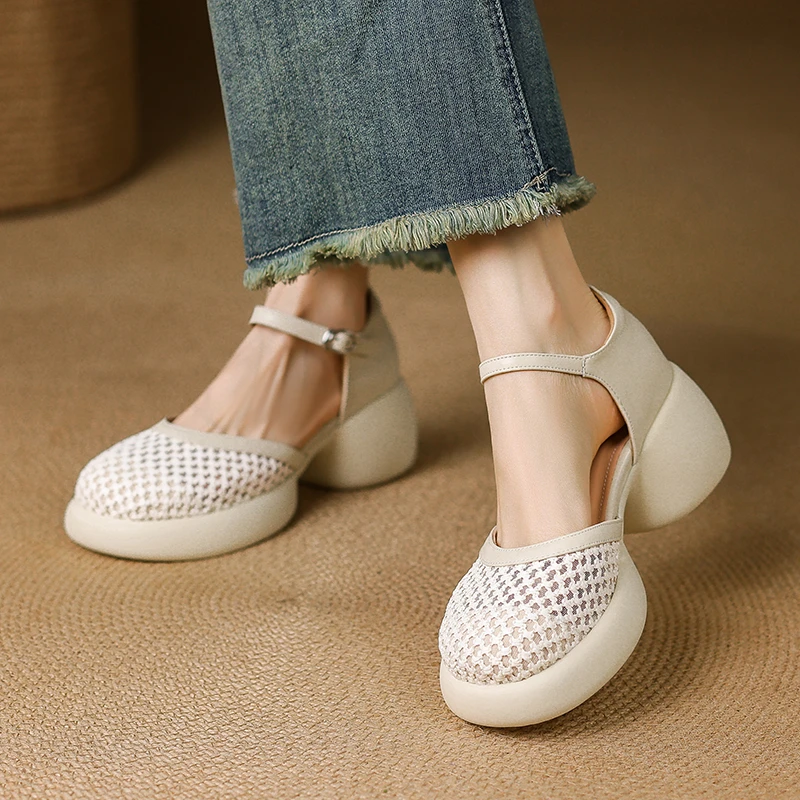 牛皮6.5公分/厚底粗跟一字带圆头舒适单鞋英伦风时尚镂空气质凉鞋