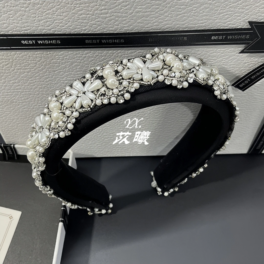 轻奢大牌法式宫廷工珍珠蕾丝发箍高颅顶显脸小头箍黑色高级感发卡