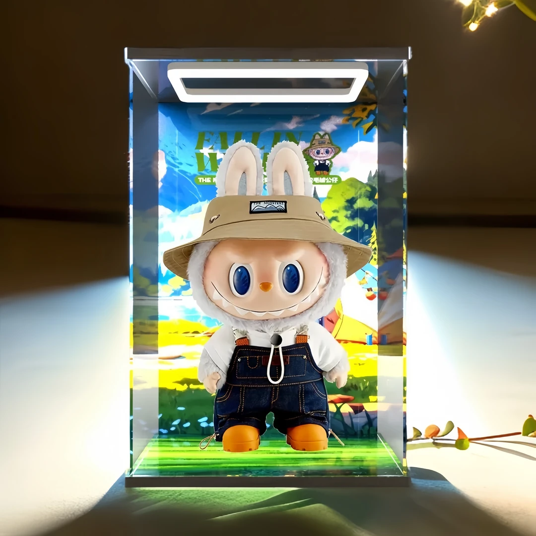 手办展示柜带灯透明泡泡玛特labubu春天野在家搪胶公仔盲盒收纳盒