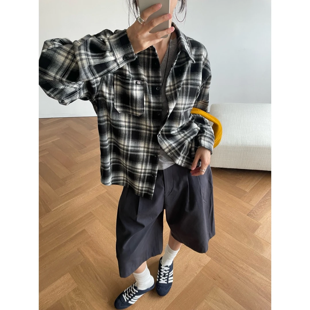 新款韩版简约拼色百搭时尚格纹衬衫C98393