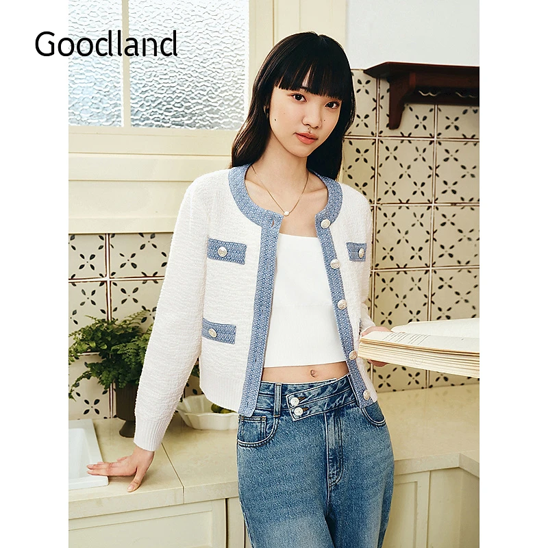 Goodland美地2025春季新款撞色经典小香风软糯毛针织开衫