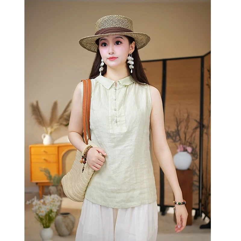 亚麻法式高端文艺外穿马甲休闲简约日常无袖背心坎肩-W1375