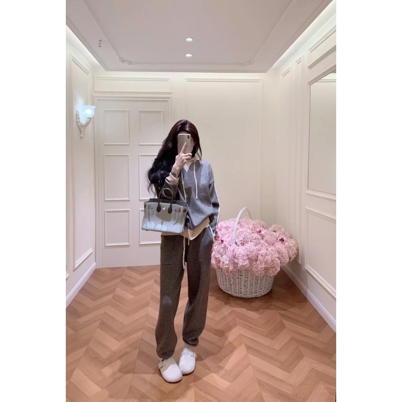 韩版设计感气质简约休闲长袖上衣秋季新款高腰时尚垂感宽松裤套装