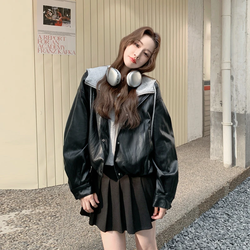 假两件连帽机车风皮衣外套2025春秋新款甜酷炸街韩系百搭短款夹克