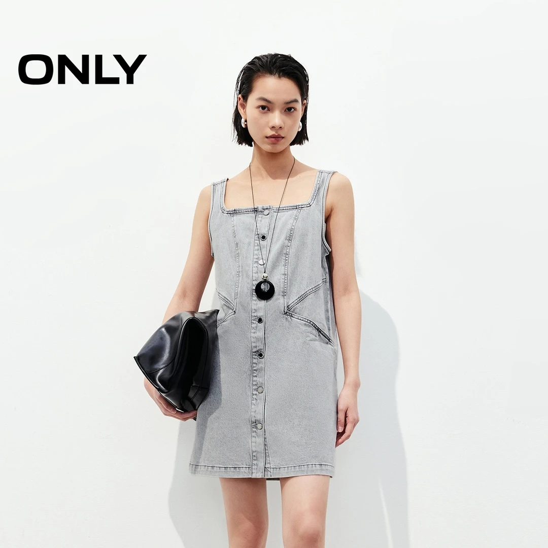 ONLY2025春季新款时尚复古直筒短裙牛仔背带连衣裙女|125142021