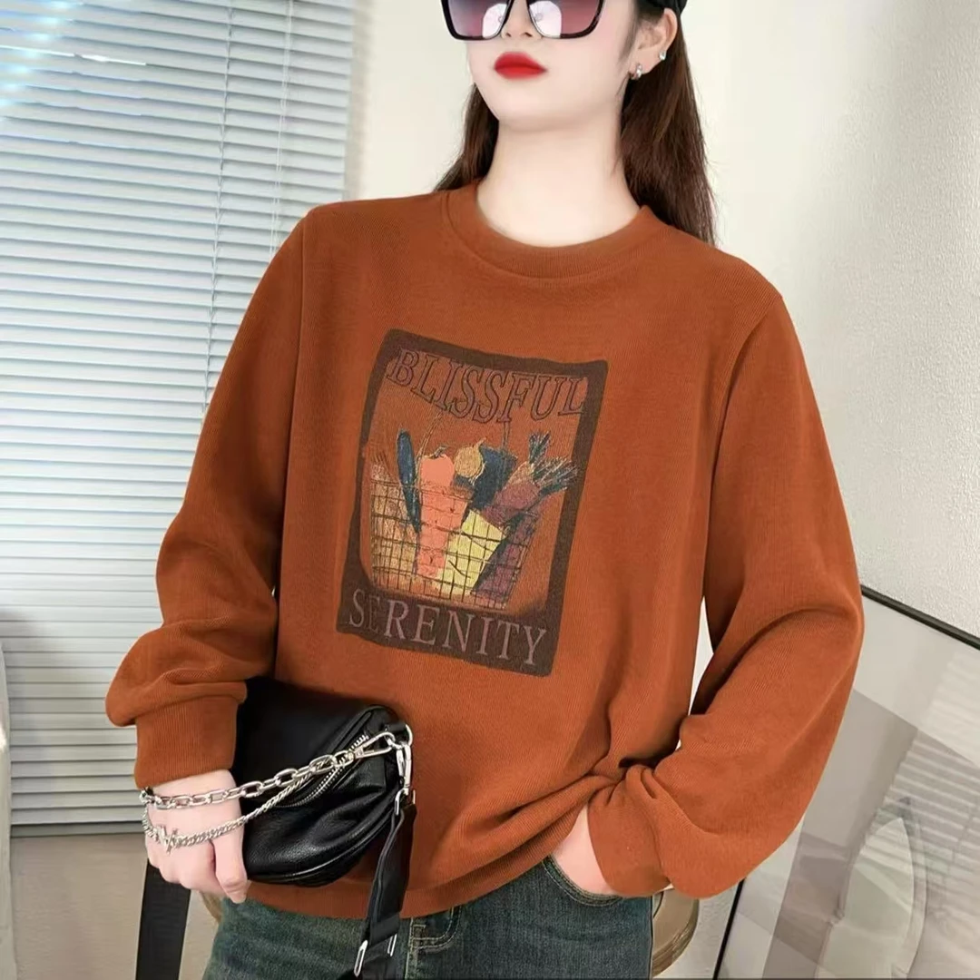 春季时尚薄款洋气妈妈装圆领卫衣显瘦减龄百搭简约印花长袖上衣