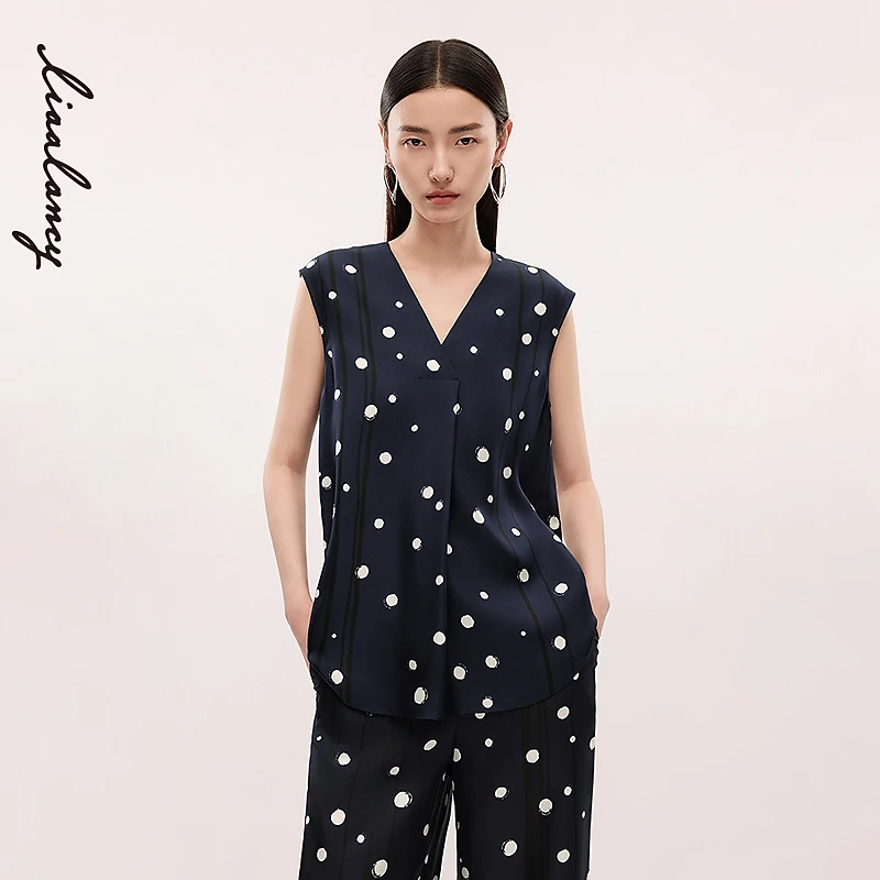 【真丝】LANCY/朗姿2025夏季新款气质波点V领无袖高级感衬衫套装