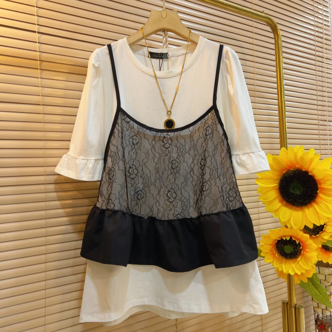 DJ新款时尚短袖T恤蕾丝马甲两件套