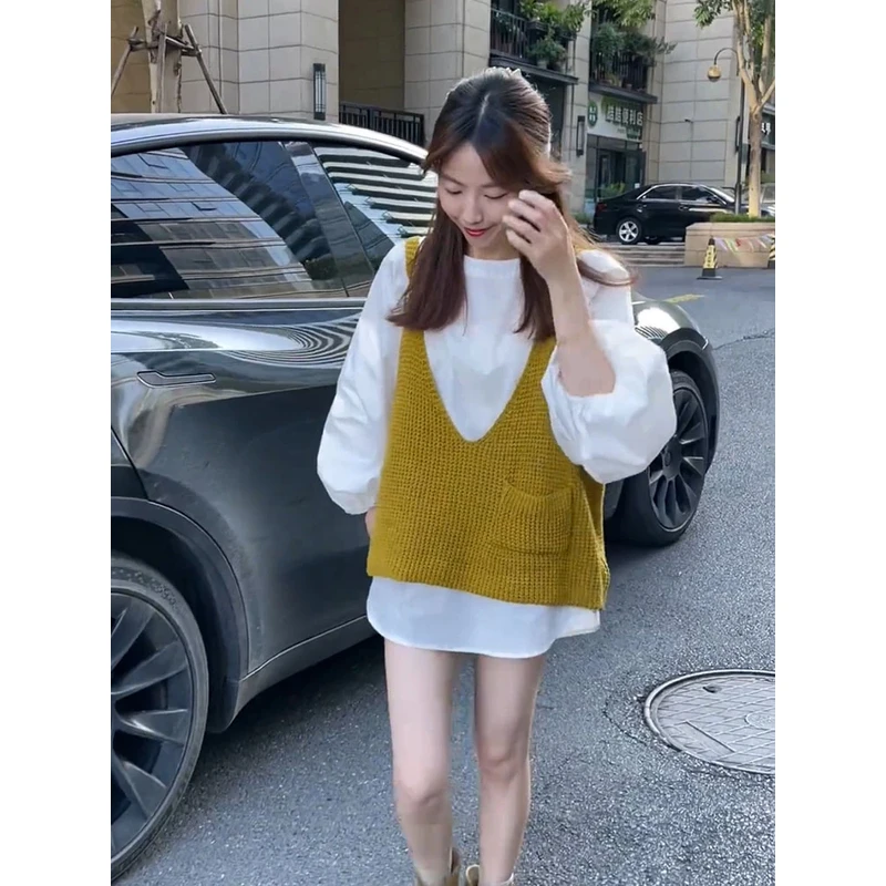 【两件套】韩系chic叠穿毛衣吊带女宽松外穿针织背心百搭休闲小马甲