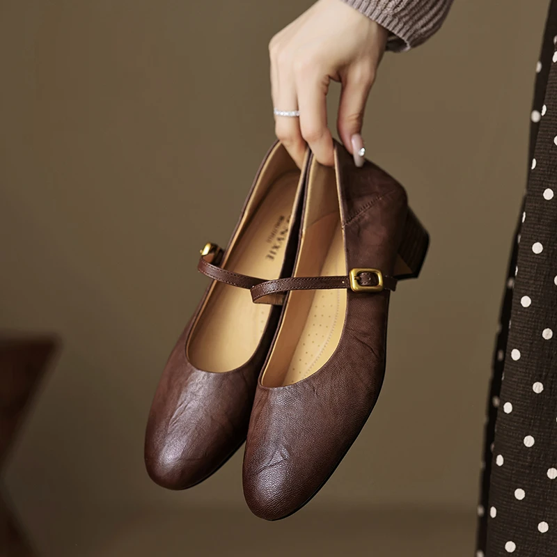 李大龙~羊皮3.5公分/百搭软底通勤复古单鞋法式粗跟浅口玛丽珍鞋