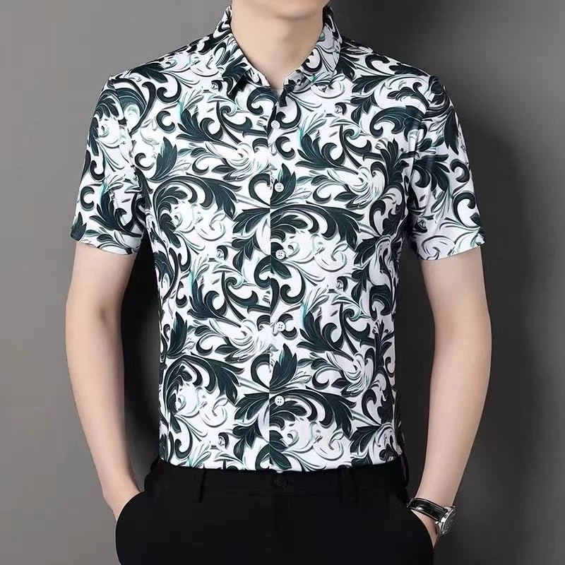 夏季男士中年男士印花衬衫薄款休闲衬衣免烫商务大码上衣无痕宽松