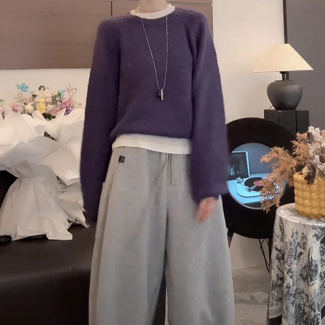 时尚透气圆领纯色长袖毛针织衫秋季2025新款洋气显瘦百搭圆领上衣