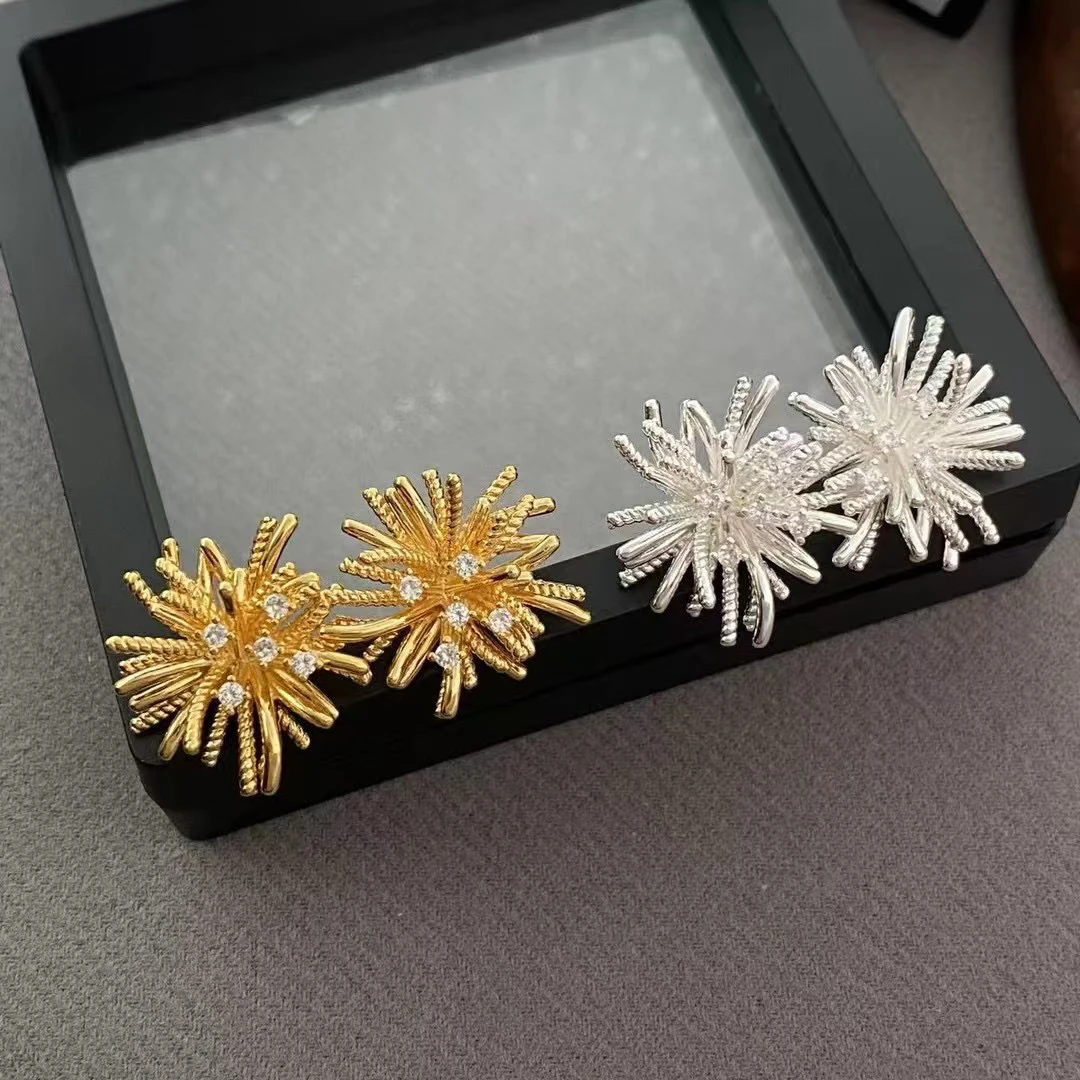 铜合金耳饰 雪绒花耳钉 烟花耳环精致镶嵌百搭款 韩版ins风耳饰