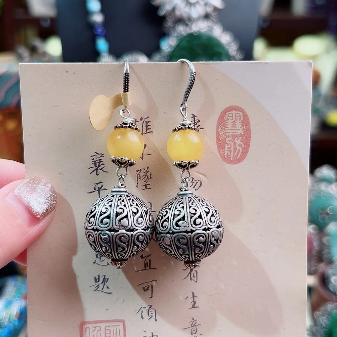 银S925镶嵌琥珀挂件耳环