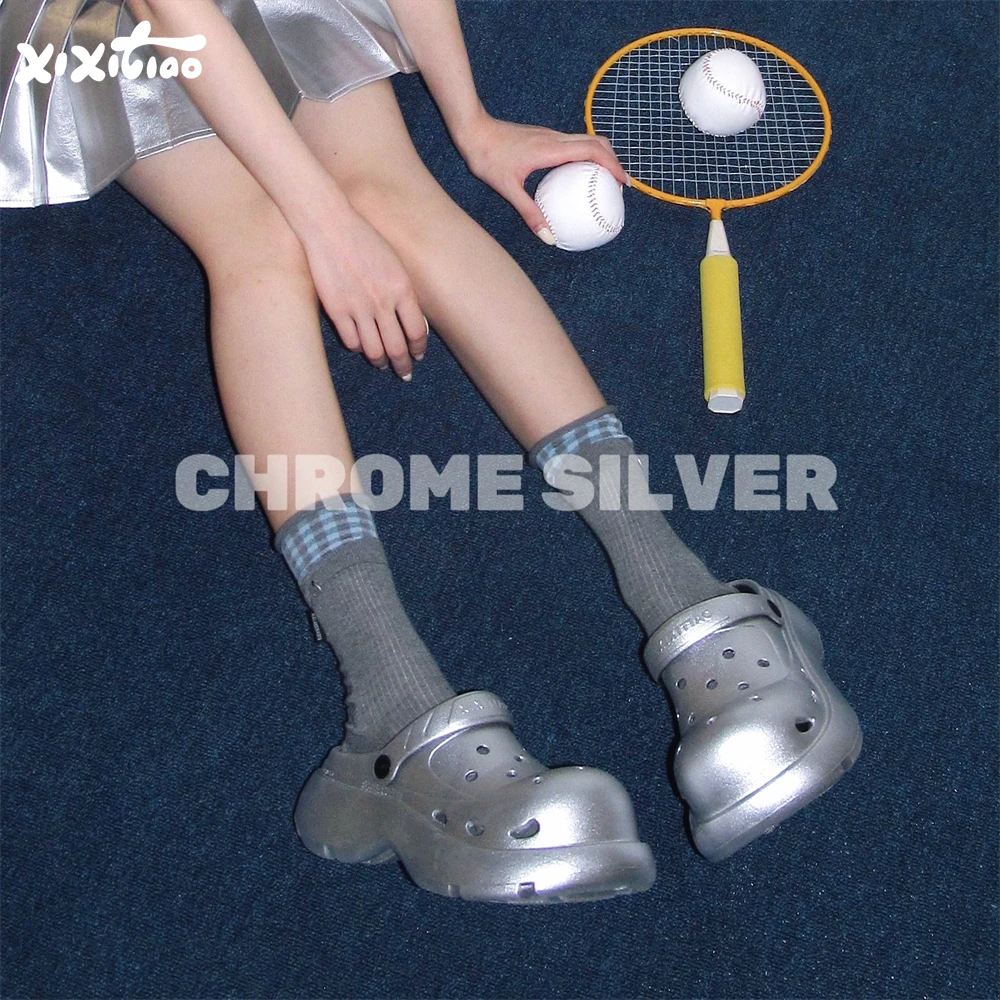 细细条 高级感银色洞洞鞋女夏外穿防滑时尚户外拖鞋ins潮沙滩凉鞋