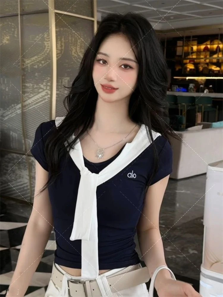 夏季港味chicV领拼接披肩短袖T恤女复古百搭收腰显瘦字母正肩上衣