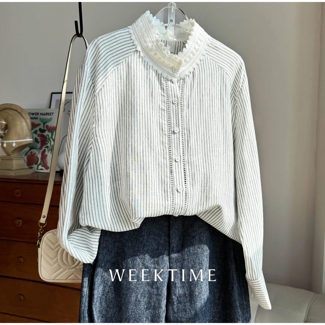 【素麻流年】精致蕾丝拼接细条纹亚麻长袖百搭衬衣66203