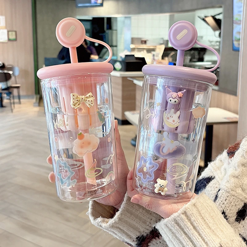 双层玻璃女带盖吸管杯高颜值新款2025大容量耐高温隔热喝水牛奶杯