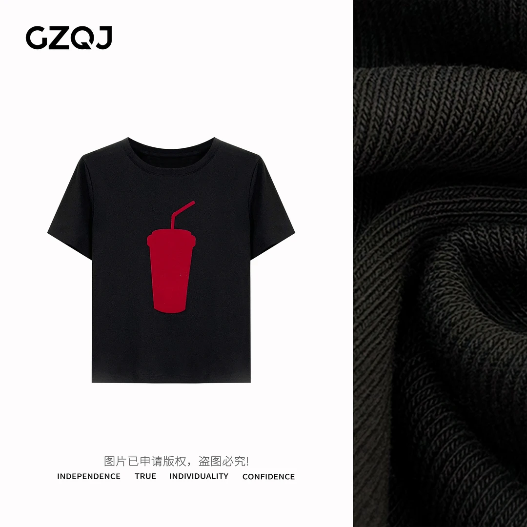 GZQJ【可乐加冰】小众设计感休闲百搭圆领短袖T恤女夏 9652