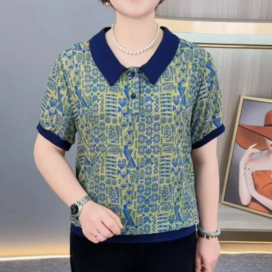 常规款短袖POLO领透气印花T恤气质中年洋气国潮新风