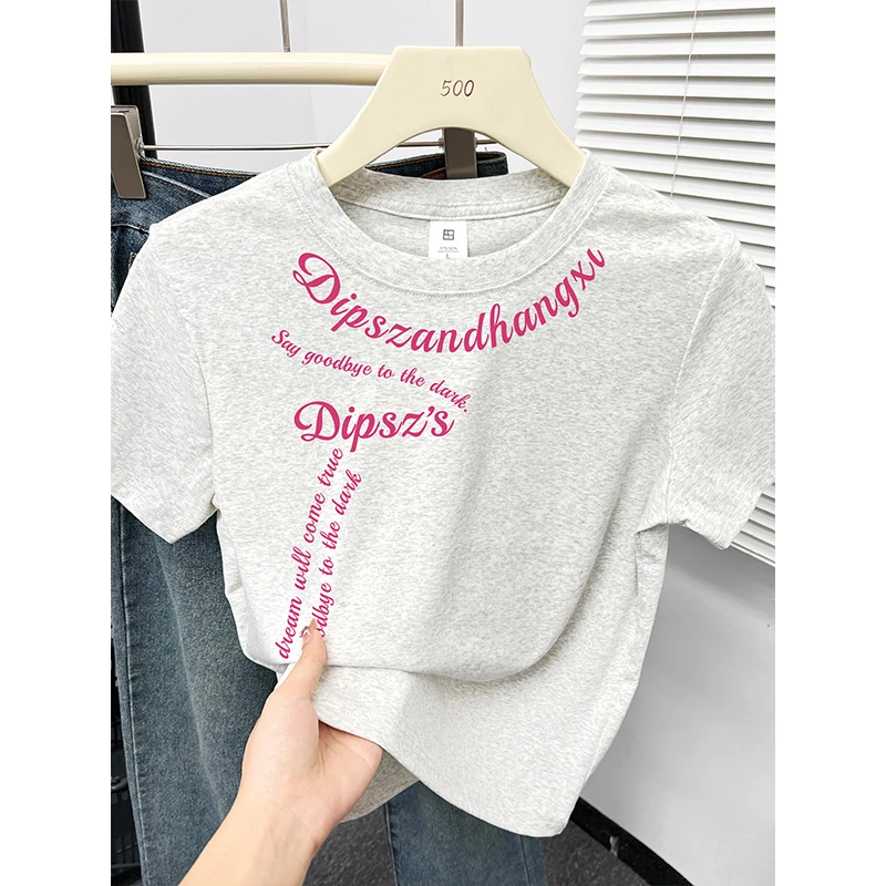 韩系ins字母印花圆领短袖T恤女夏季设计感流行正肩显瘦别致小上衣