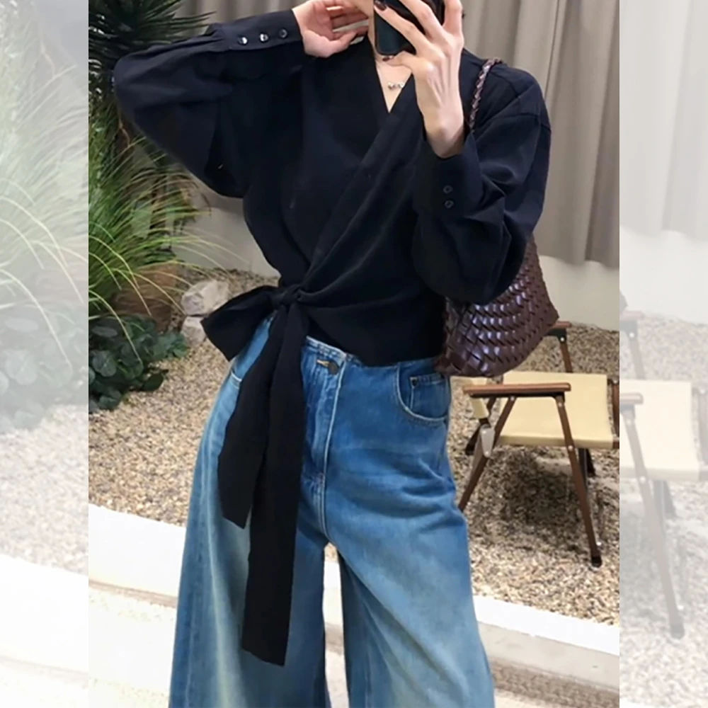 显瘦减龄百搭长袖上衣秋季新款胖MM大码女装法式交叉系带收腰衬衫