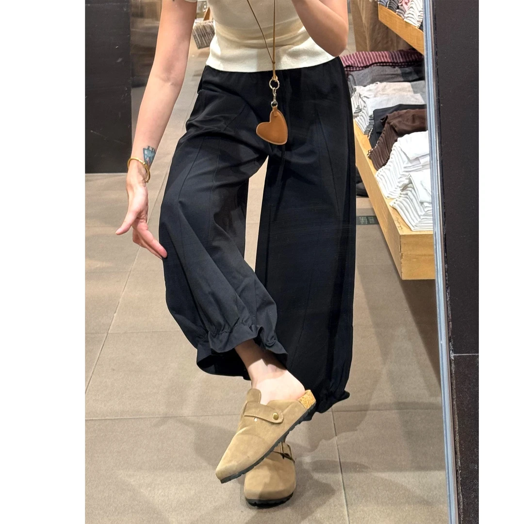 黑色花苞阔腿九分裤女秋季新款胖妹妹大码梨形身材高腰遮胯气球裤