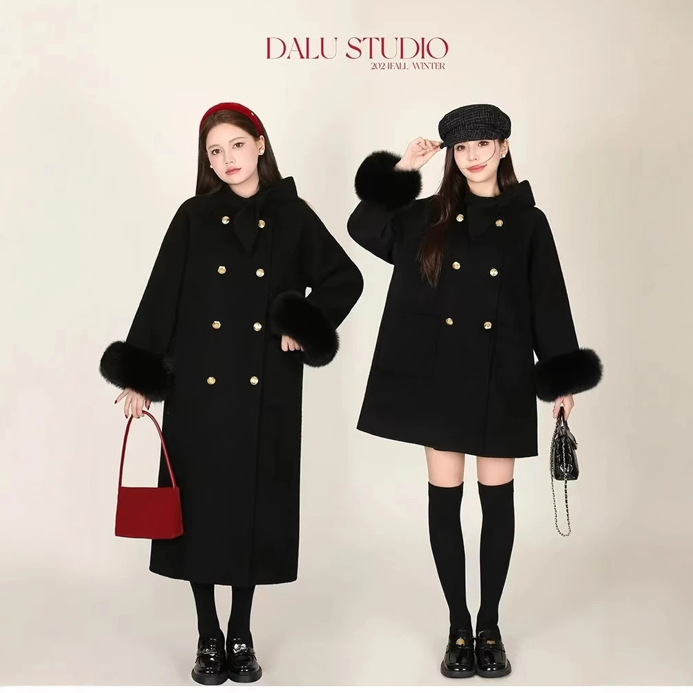 2025新款洋气时尚千金结双面羊毛大衣女狐狸毛毛呢长外套上衣秋冬