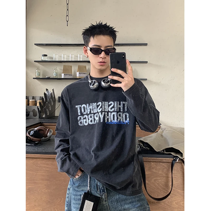 PLTH*美式重磅纯棉小领口长袖T恤男宽松做旧字母印花百搭打底上衣