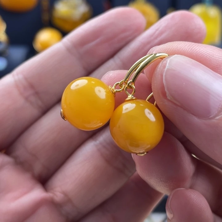 蜜蜡耳饰银S925镀金镶嵌