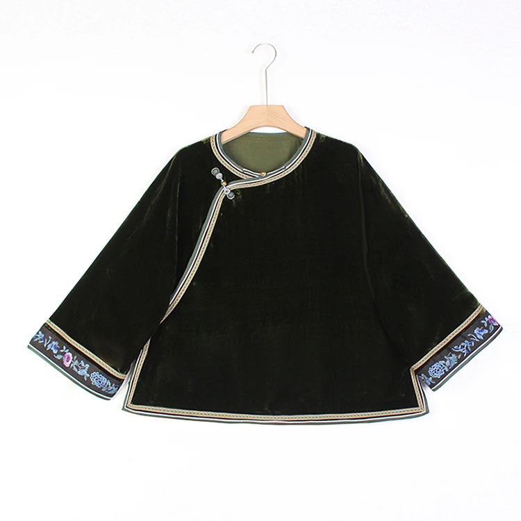 【翠影流光】复古新中式纯手工中式风斜襟丝绒上衣