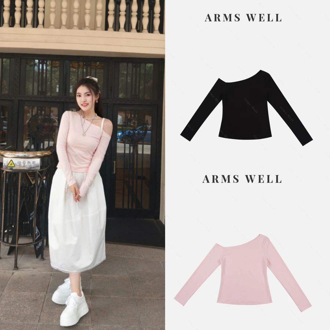ARMS WELL王囡囡 黑/粉色纯色斜肩大领子长袖T恤 L156