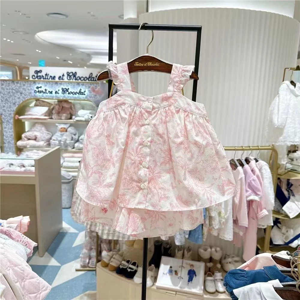 出口韩单  巧家25夏女童宝宝套装粉印花吊带上衣+短裤两件套 套装