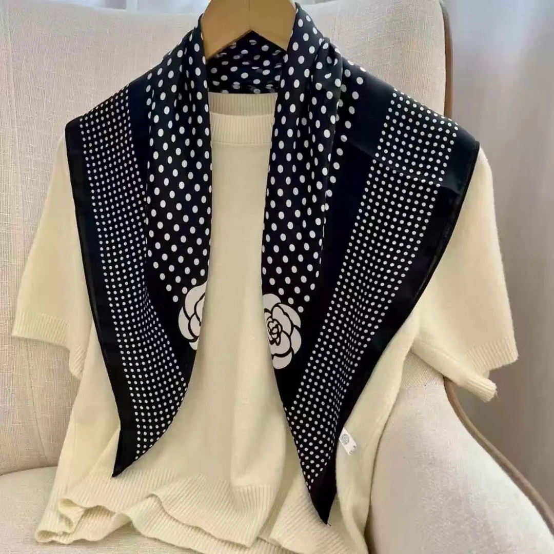 【丝毛-黑白波点花朵】70*70cm女小花百搭围巾防晒空调披肩时尚