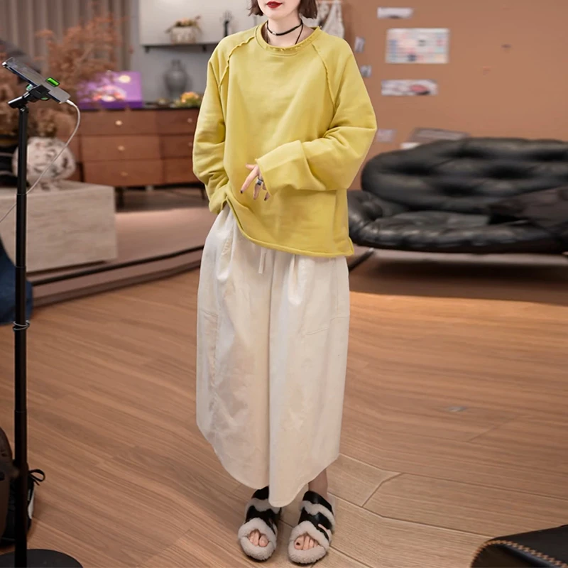 韩系圆领纯色长袖上衣+百搭高腰显瘦阔腿裤2025秋季新款两件套