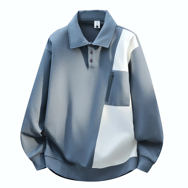 2025年秋季新款男士半开翻领卫衣青少年时尚休闲潮流拼色打底上衣