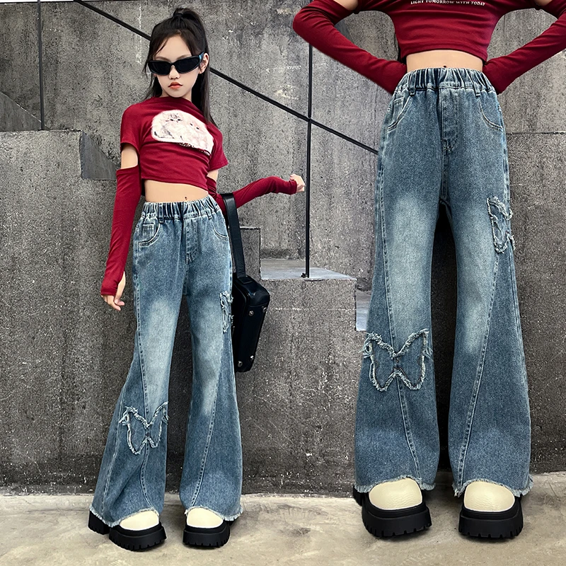 女童喇叭裤春秋款2025新款儿童牛仔裤网红洋气中大童修身裤子外穿