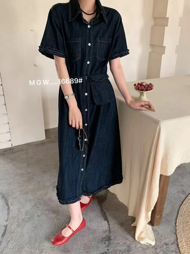 轻熟风夏季薄款polo领牛仔衬衫裙女款长款休闲显瘦