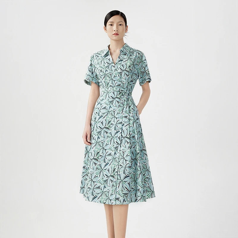 【商场同款】夏季新款短袖植物印花衬衫连衣裙女法式中长款裙子